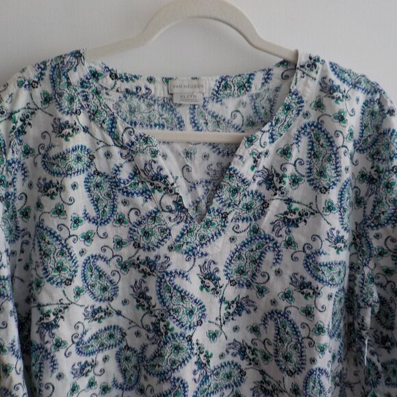 Van Heusen Blouse - Paisley - Cotton - White, Green, Blue - Size XL  (559) - Picture 4 of 6